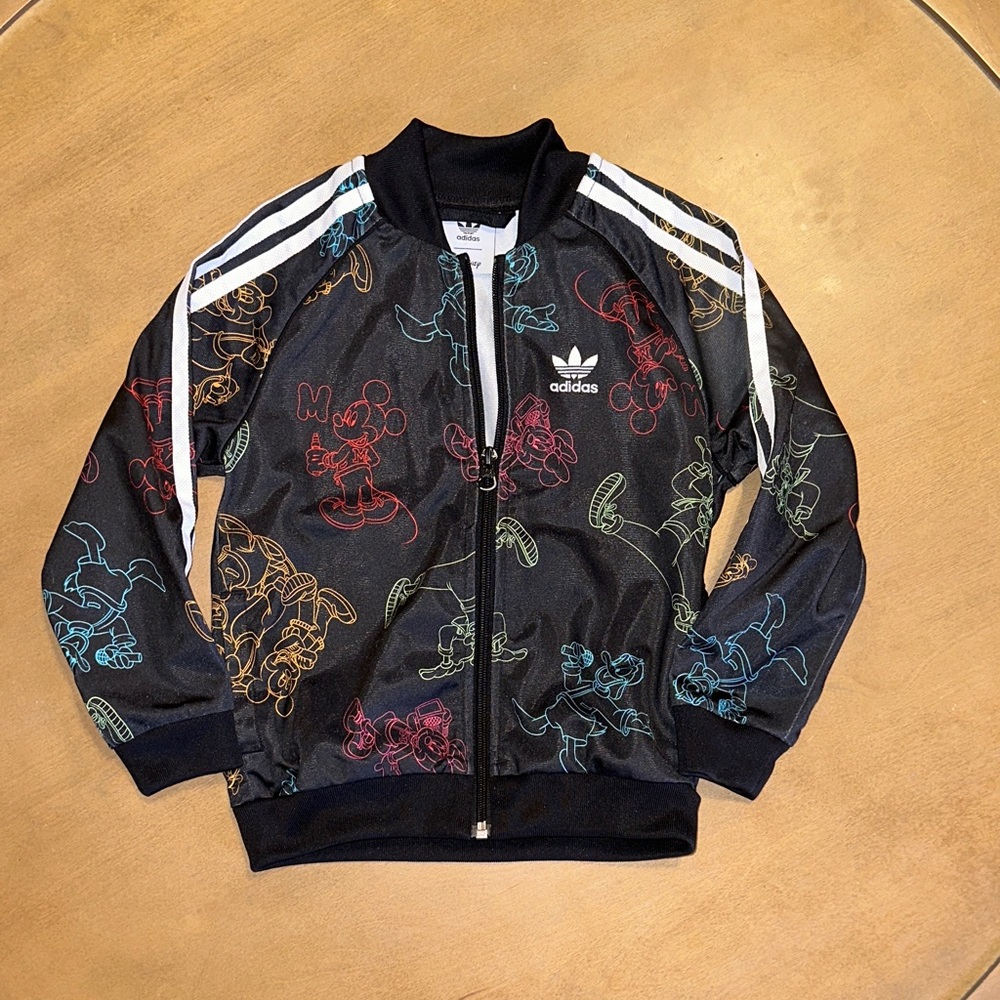 Disney Adidas Black Track Jacket with Multicolor Neon Disney Character Outlines